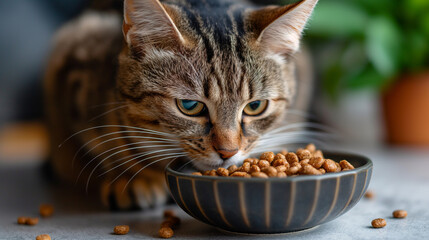 Cat eating dry food.