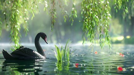 willow branches and black swan on the lake in spring - obrazy, fototapety, plakaty