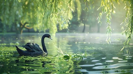 willow branches and black swan on the lake in spring - obrazy, fototapety, plakaty