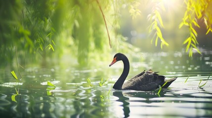 willow branches and black swan on the lake in spring