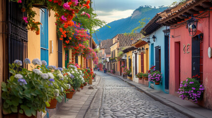 Obraz premium A quaint cobblestone street lined with colorful houses and blooming flower boxes