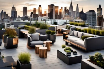 a sleek urban rooftop garden with modern planters, outdoor seating, and panoramic city views.
