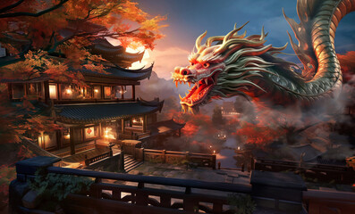 A Chinese fairy dragon flying over an ancient city
