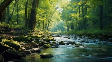 River stream in the mountains. Mountain river stream in woods, generate AI - obrazy, fototapety, plakaty