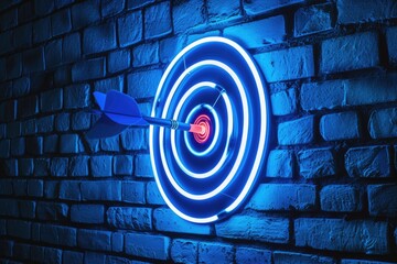 Blue neon light target, business concept, brick wall background.