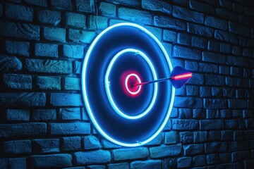 Blue neon light target, business concept, brick wall background.