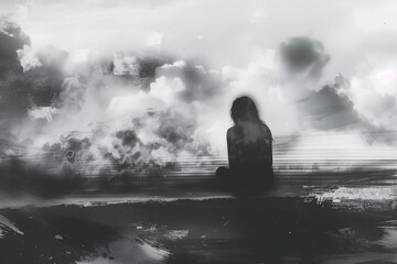 Unhappy, sad woman sitting alone and thinking, back view. Depression and anxiety concept.