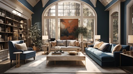 Fototapeta na wymiar Gold Accent Chairs in Navy Living Room
