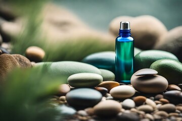 natural fresh deodorant spray , blue flacon , pebbles and bokeh background