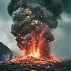Burning hot lava splashing in volcano crater in overcast evening - 738014534
