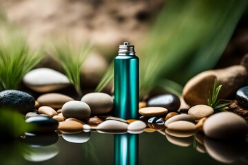 Obraz na płótnie Canvas natural fresh deodorant spray , blue flacon , pebbles and bokeh background