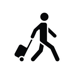 Traveler man icon. Simple solid style. Passenger pulling rolling bag, business trip, vacation, tourism concept. Black silhouette, glyph symbol. Vector illustration isolated. - obrazy, fototapety, plakaty