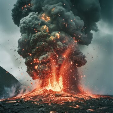 Burning hot lava splashing in volcano crater in overcast evening
