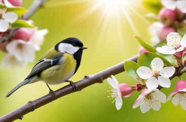 Obraz premium A small yellow-breasted tit bird sits on a branch of a flowering apple tree. The urban bird is a tit in its habitat. ornithological diversity