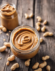 Make peanut butter with paste in glass bowl on wooden background top view copy space
