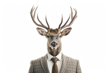Portrait of deer in businessman's suit with tie. Animal as human isolated on white