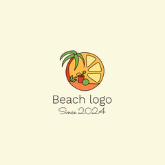 Bach logo badge. sunny weather beach holiday scene illustration with circle frame