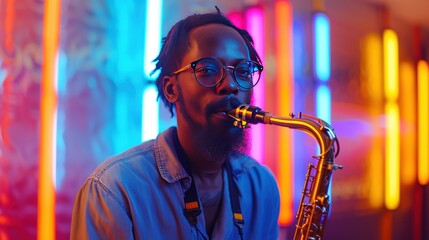 handsome jazz musician playing the saxophone in the studio on a neon background - obrazy, fototapety, plakaty