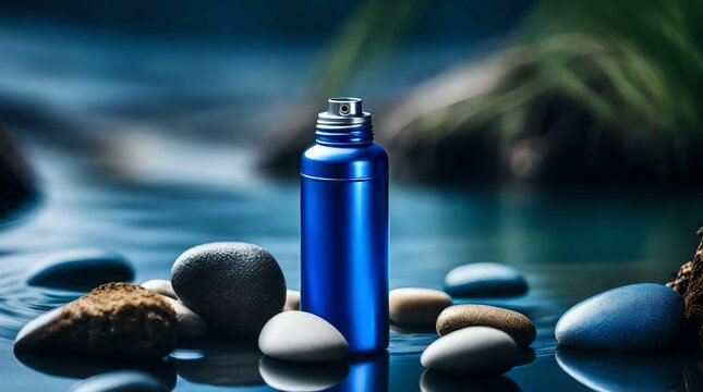 anodised blue deodorant srpay and pebbles