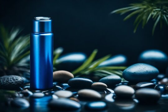 anodised blue deodorant srpay and pebbles , plants and rocks