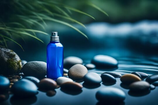 anodised blue deodorant srpay and pebbles , plants and rocks