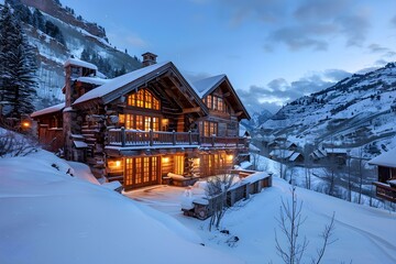 Naklejka premium Tranquil winter retreat set in snow-covered mountains providing serenity and rustic allure. Concept Winter Wonderland Getaway, Serene Mountain Retreat, Rustic Charm in Snow