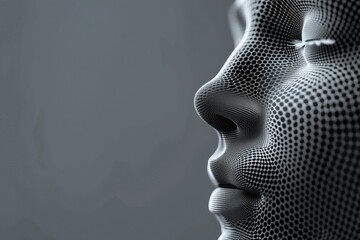 Computer-generated face of woman made from intricate mesh pattern creating a digital artificial appearance