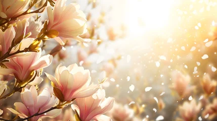 Foto auf Acrylglas Antireflex flowering magnolia blossom on sunny spring background, close-up of beautiful springtime flora, floral easter background concept with copy space © Ziyan