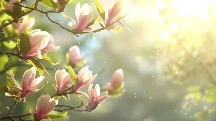 Gardinen flowering magnolia blossom on sunny spring background, close-up of beautiful springtime flora, floral easter background concept with copy space © Ziyan