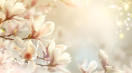 flowering magnolia blossom on sunny spring background, close-up of beautiful springtime flora,...