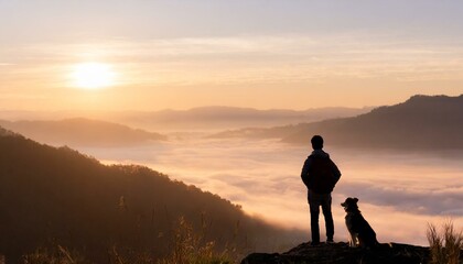 Silhouette of Man and Dog looking over mountains at sunrise