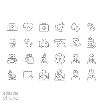 Hospital and medical care icon set. Simple outline style. Health, hospital, medical, doctor, patient, nurse, healthcare concept. Thin line symbol. Vector illustration isolated. Editable stroke.