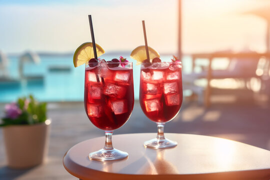 two glasses of cocktails with ice on the background of the beach or pool on a summer day. a cool drink in summer. demonstration of the bar service at the hotel.