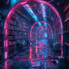 Fototapeta premium Arcane Libraries with holographic books floating in a neon lit cyberpunk space