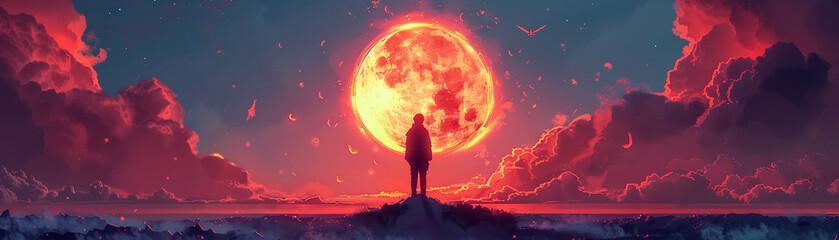 Phoenix Rebirth in a blaze of neon flames silhouetted against a retro synth sunset