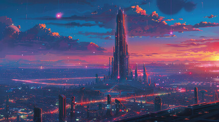 Sorcerers Tower standing tall over a neon illuminated city 80s synth aesthetic