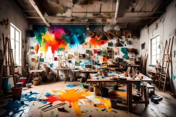 an artistic studio with colorful paints, artistic chaos, and an atmosphere of creativity. - obrazy, fototapety, plakaty