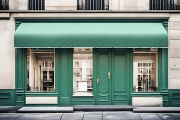 Fototapeta na wymiar european green vintage boutique with awning , storefront template