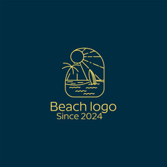 Bach logo badge. sunny weather beach holiday scene illustration with circle frame