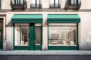 european green vintage boutique with awning , storefront template