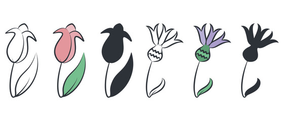 Flower icon set. Tulip, cornflower one line symbols. Hand drawn bold stroke, isolated elements. Vector illustration, outline brush stroke, cute flat coloured logo design