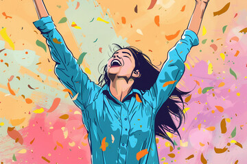 illustration of woman celebrating success in her life while being covered in confetti. generative ai. - obrazy, fototapety, plakaty