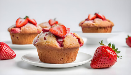 Dessert Fresh strawberry Muffin Cake on white background
