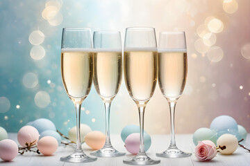 Champagne glasses, translucent crystal reflecting a gentle bokeh effect from a minimalist background with soft pastel hues. Generative AI