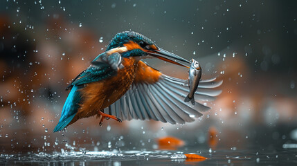 Illustration of a kingfisher in the wild, with open wings and a symmetrical body, touching the water in a wild pond. Kingfishers hunt for fish. Unusual background, and beautiful nature. - obrazy, fototapety, plakaty