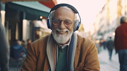 Senior man on the street. Elderly cool man listening to music outdoors, having fun. Concept of old man young at heart. - obrazy, fototapety, plakaty