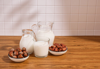 Fresh milk in a glass bowl and nuts. Copy space for text.