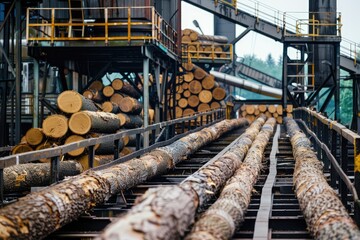 Large pile of logs in a wood processing plant