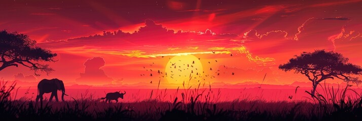 African sunset panoramic background with silhouette of the animals