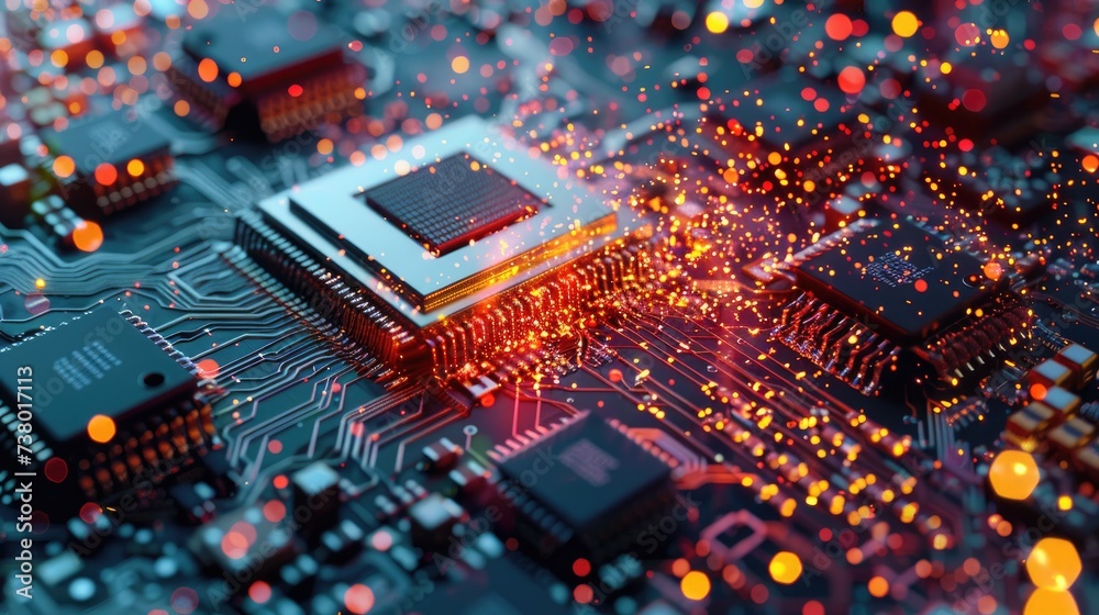 Fototapete Digital data moving on circuit board and integrated microchip backgrounds. Computer processing and organizing data. High tech Artificial intelligence and modern computer technology surface